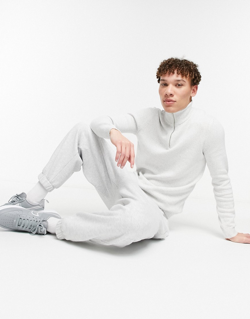 ASOS DESIGN midweight cotton half zip sweater in white twist-Grey