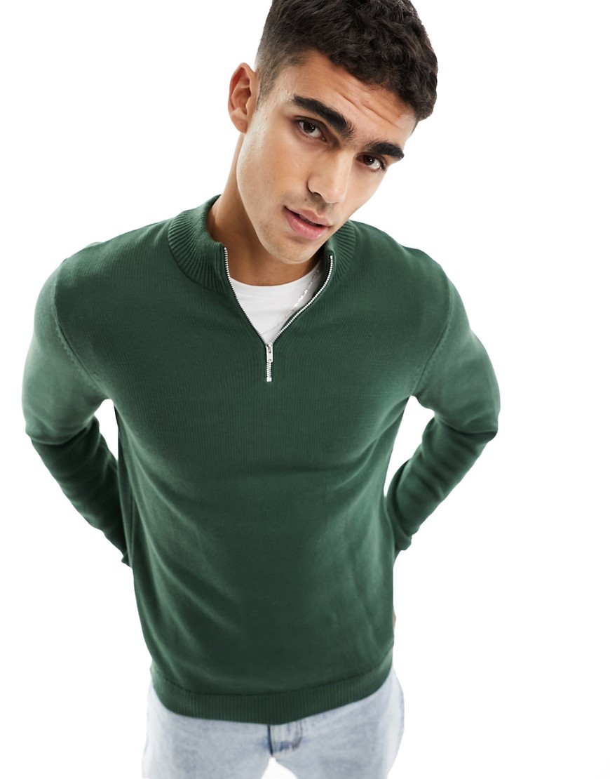 Asos Design Midweight Cotton Knitted 1/4 Zip Sweater In Green