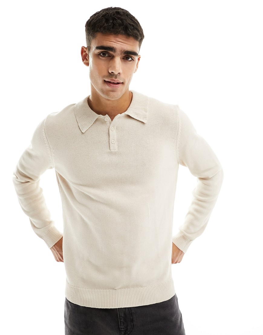 ASOS DESIGN midweight cotton knitted polo jumper in oatmeal-Neutral