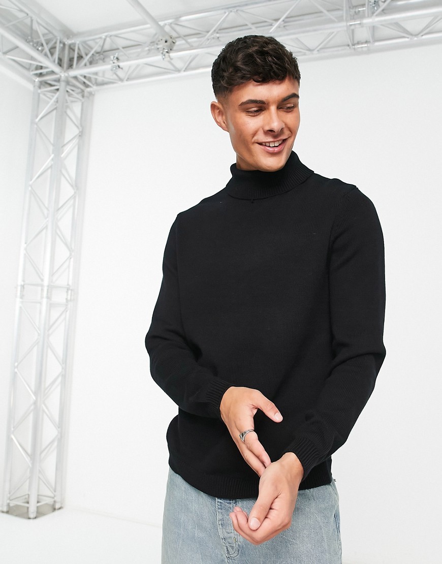 ASOS DESIGN midweight cotton roll neck sweater in black