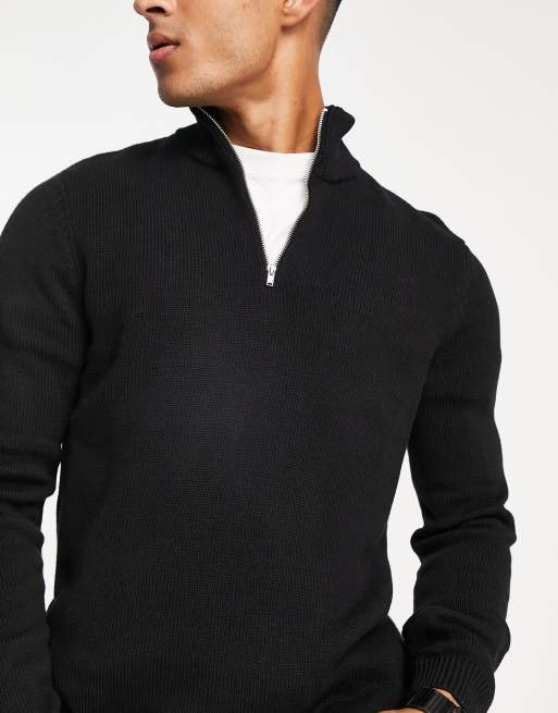 ASOS DESIGN midweight zip cotton jumper in black | ASOS