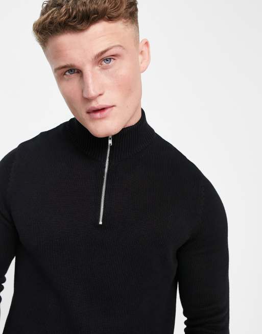 ASOS DESIGN midweight half zip cotton sweater in black