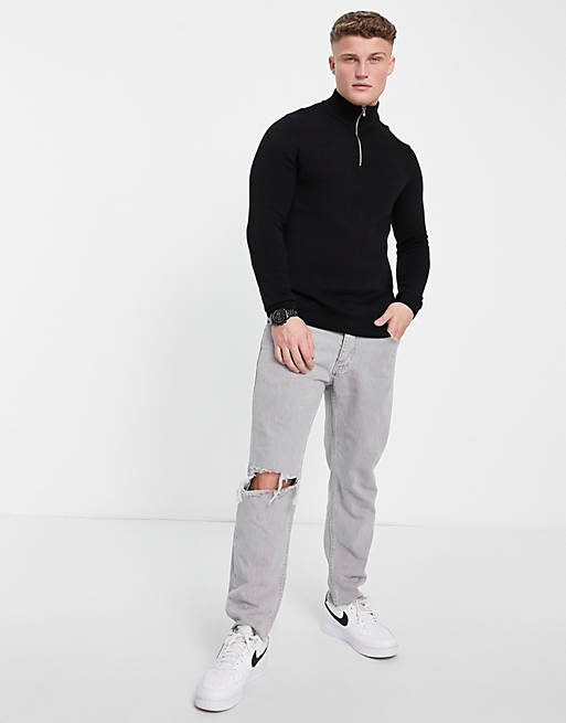 ASOS Cotton Midweight Half Zip Jumper in Black for Men Mens Clothing Sweaters and knitwear Zipped sweaters 