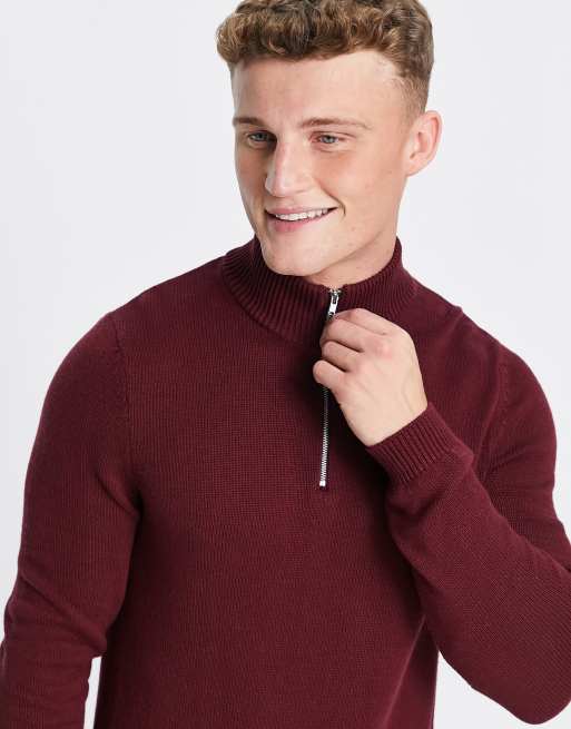 ASOS DESIGN midweight half zip cotton jumper in burgundy ASOS