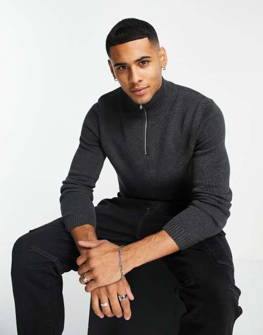 ASOS midweight half zip cotton jumper in charcoal | ASOS