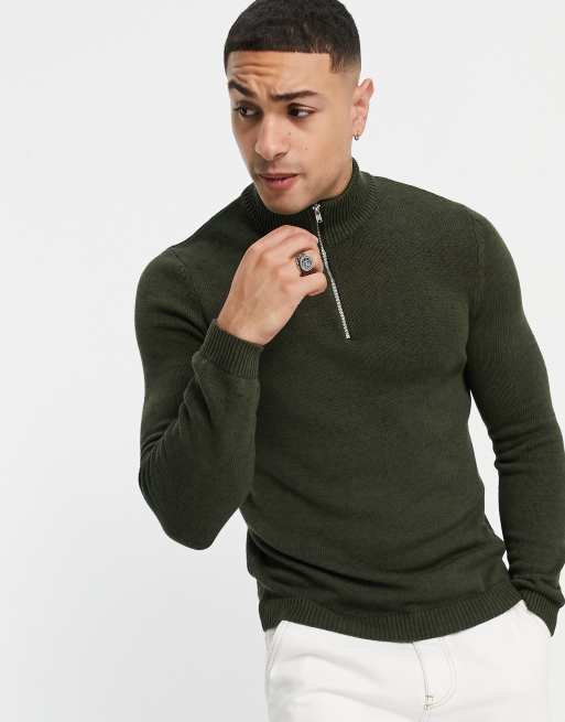 ASOS DESIGN midweight half zip cotton jumper in khaki ASOS