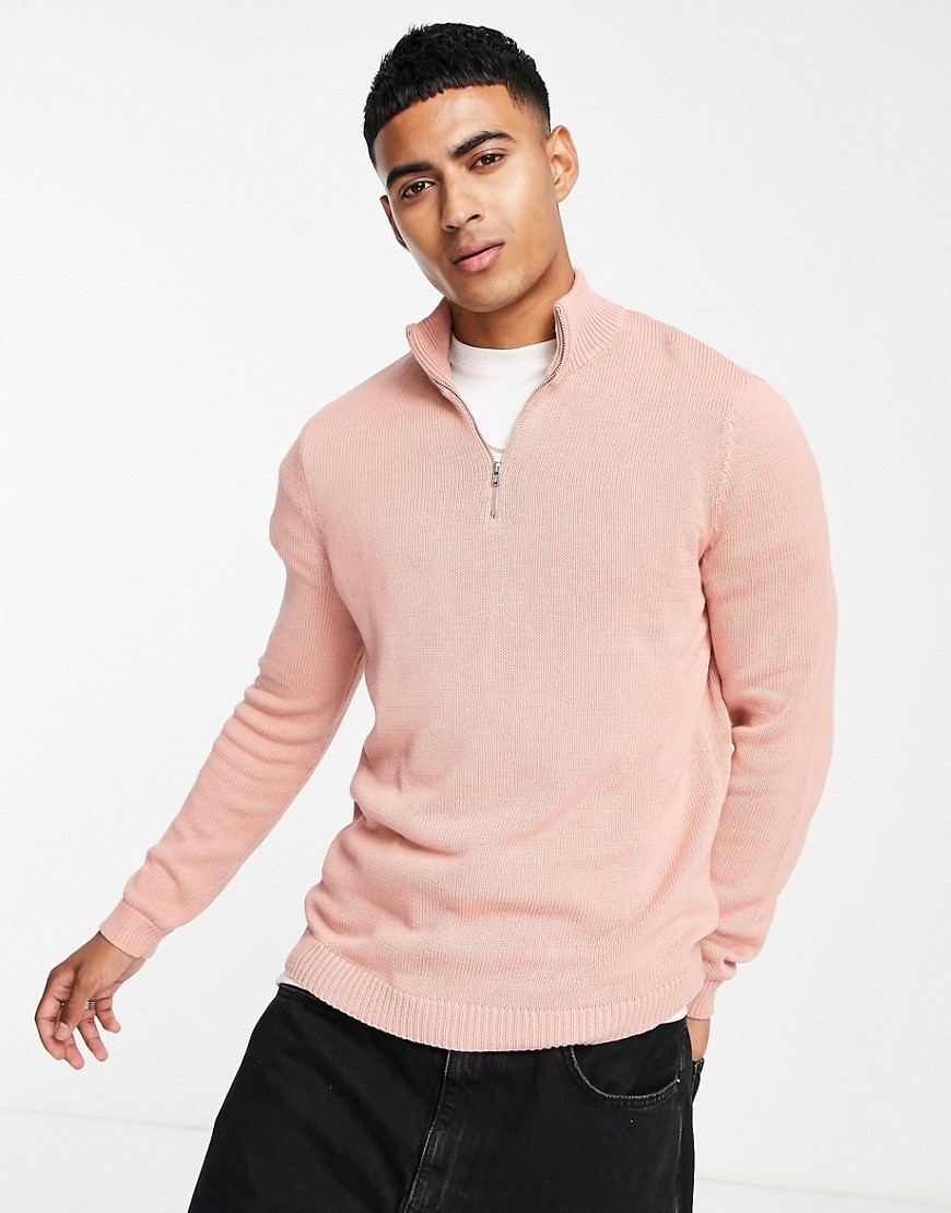 ASOS DESIGN midweight half zip cotton sweater in blush-Pink