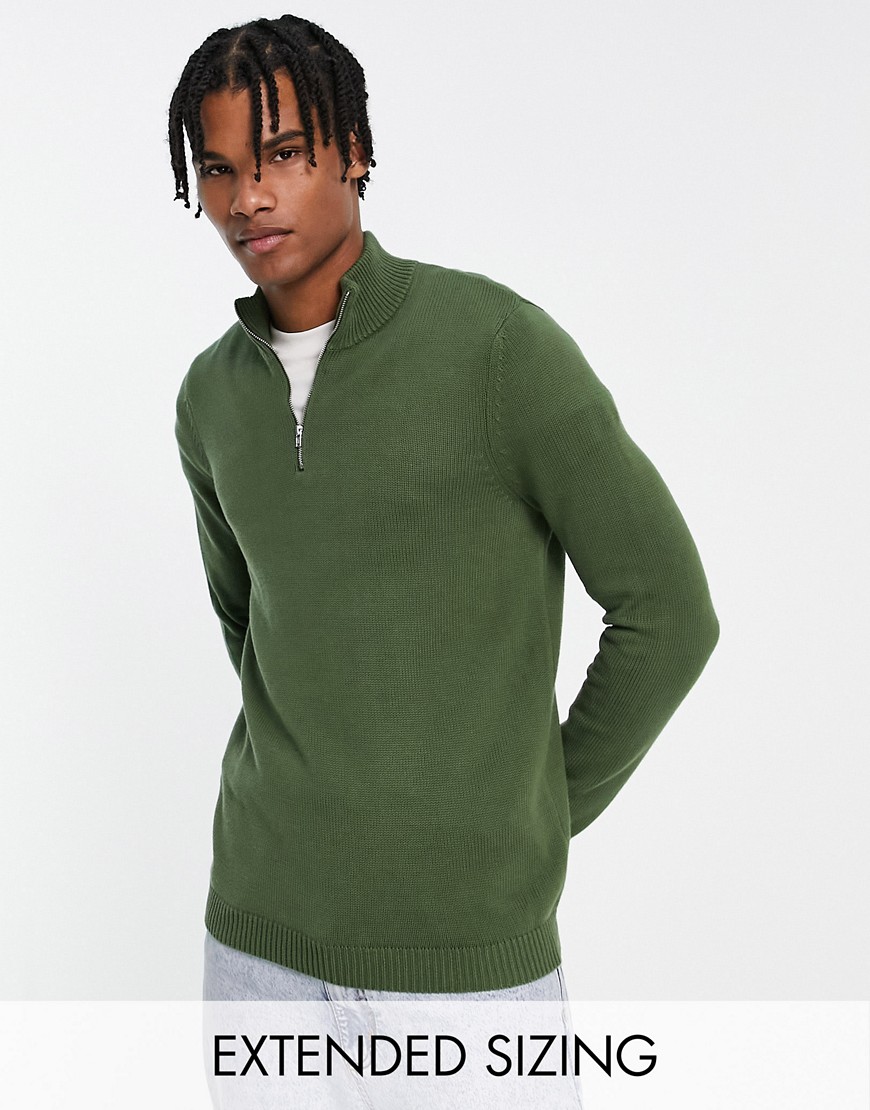 ASOS DESIGN midweight half zip cotton sweater in khaki-Green