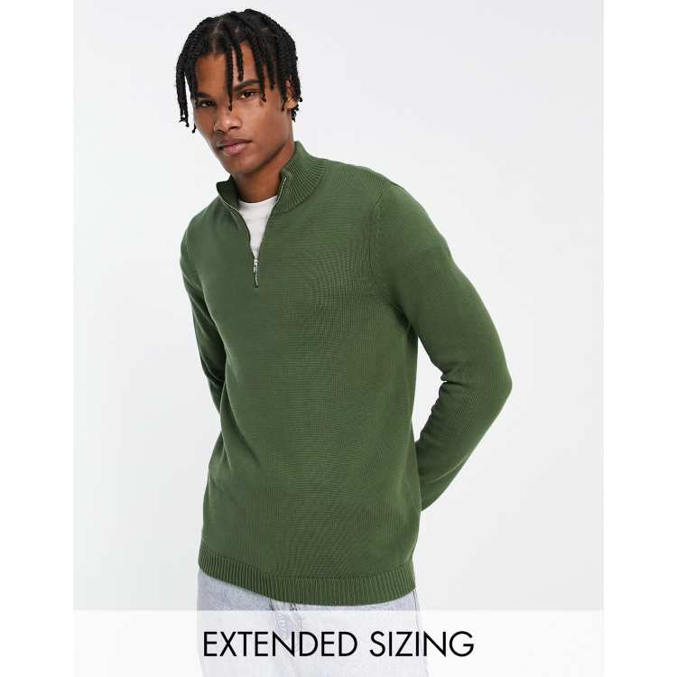 ASOS DESIGN midweight half zip cotton sweater in khaki | ASOS