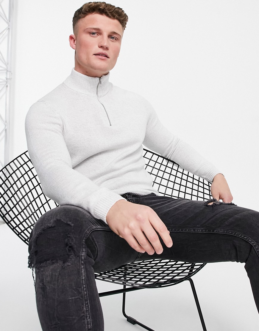 ASOS DESIGN midweight half zip cotton sweater in light gray-Grey