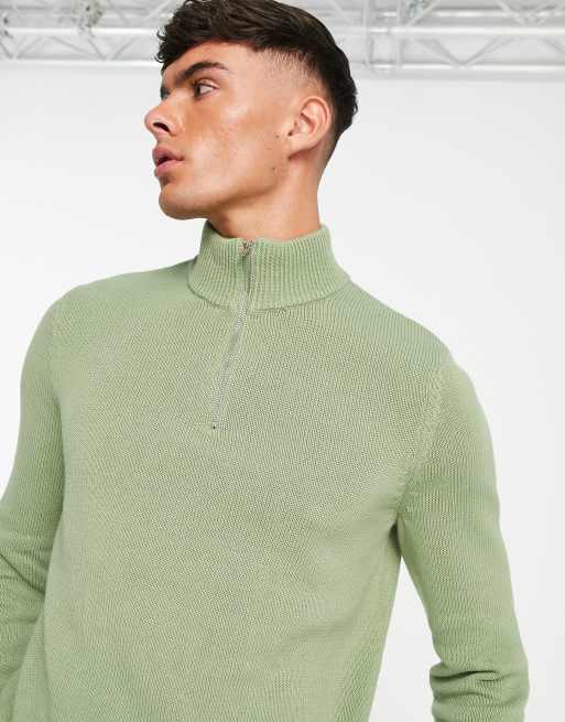ASOS DESIGN midweight half zip cotton sweater in sage green ASOS