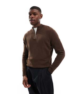 Asos Design Midweight Knitted Quarter Zip Sweater In Brown