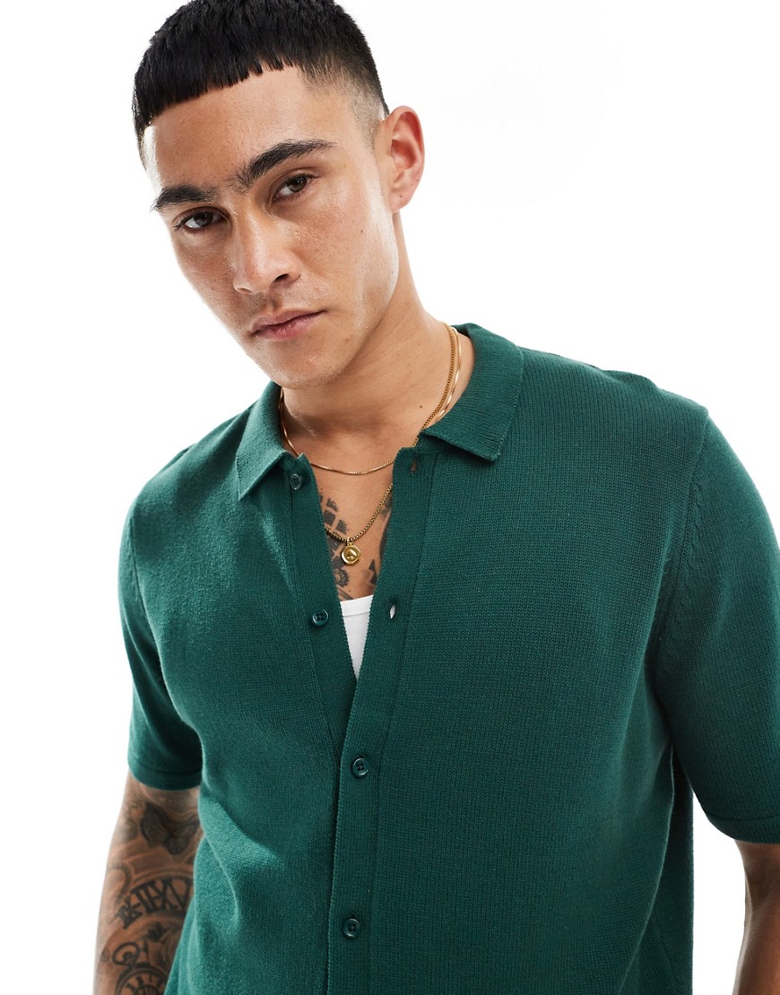 Asos Design Midweight Knit Cotton Button Up Polo In Green