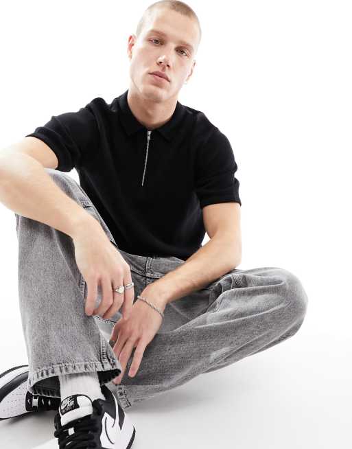 ASOS DESIGN midweight knit cotton half zip polo in black