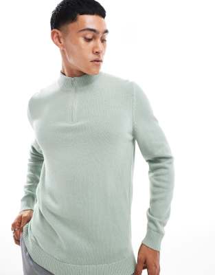 Asos Design Midweight Knitted Quarter Zip Neck Sweater In Sage Green