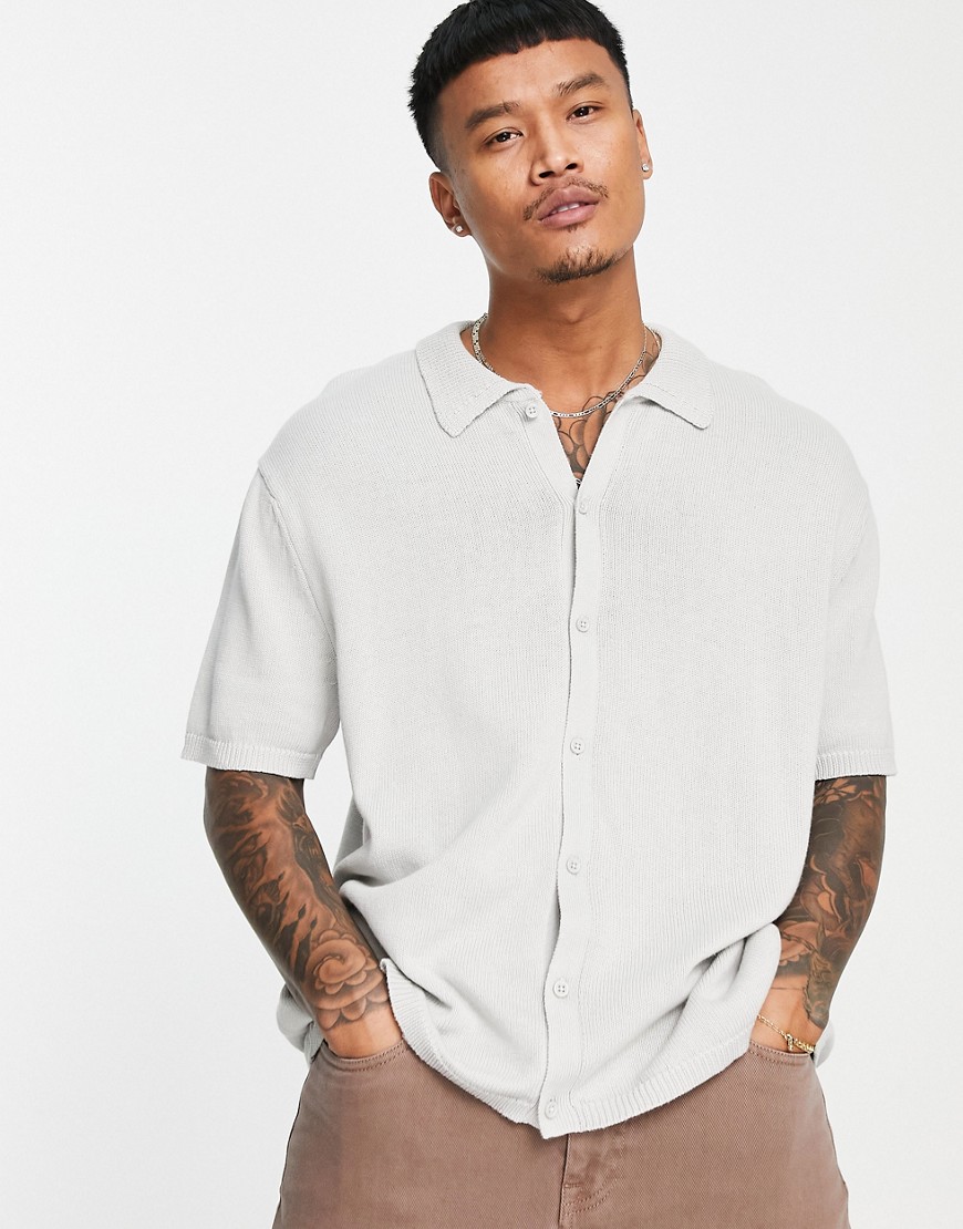 Asos Design Midweight Knitted Button Through Polo In Gray