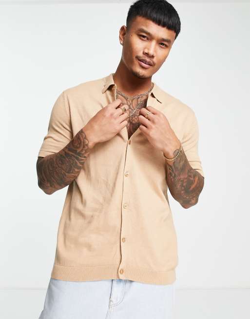 ASOS DESIGN midweight knitted button through polo in light brown | ASOS