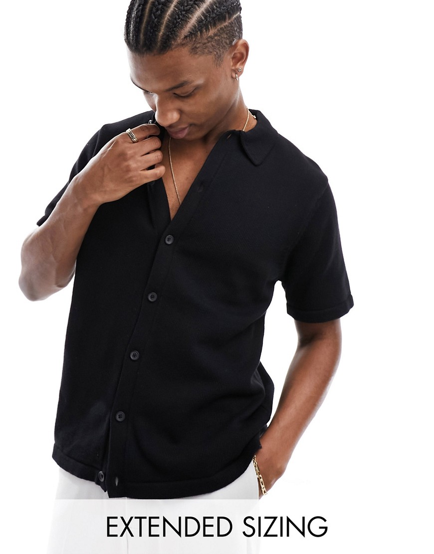 Asos Design Midweight Knitted Cotton Button Through Polo In Black