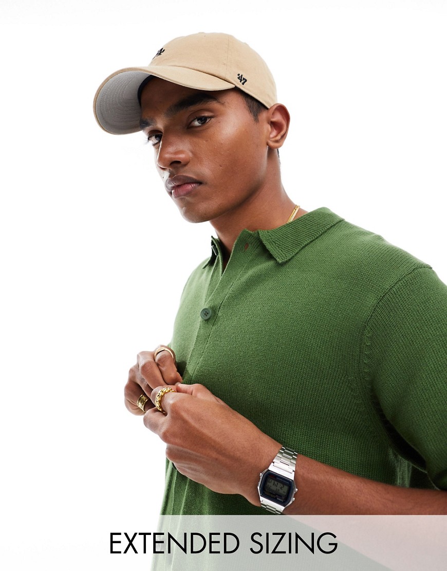 ASOS DESIGN midweight knitted cotton button through polo in khaki-Green