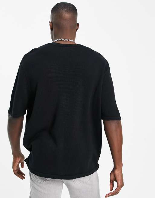 ASOS DESIGN midweight knitted cotton crew neck t-shirt in black, 2 of 4