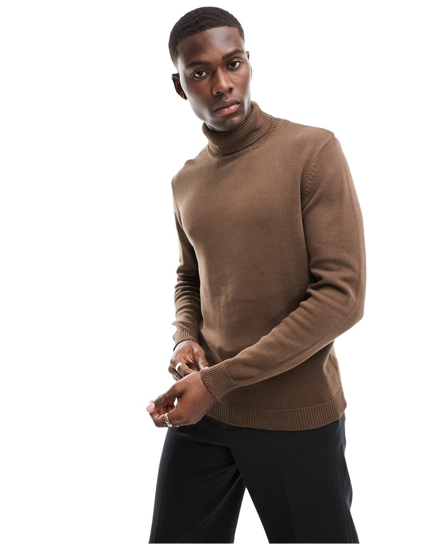 Asos Design Midweight Knitted Cotton Roll Neck Sweater In Brown