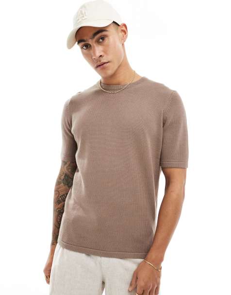 ASOS DESIGN midweight knitted cotton t-shirt in brown - view 1