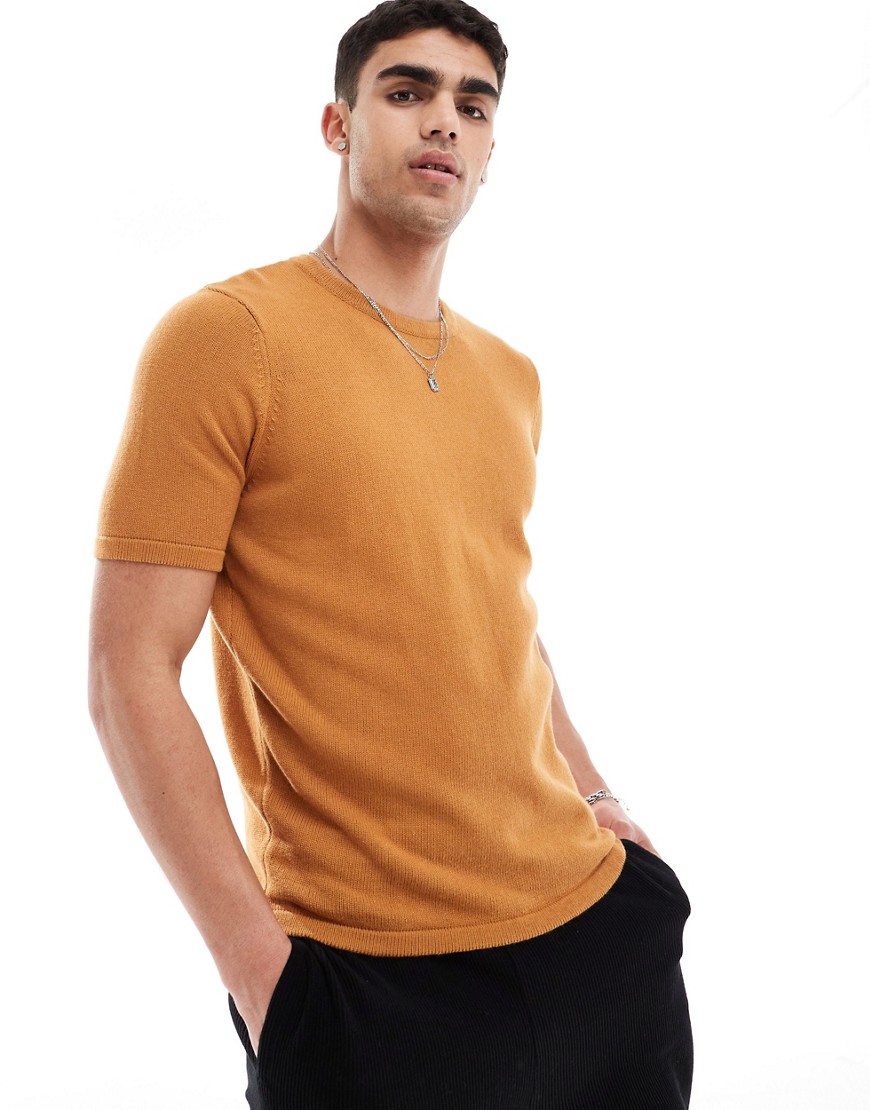 ASOS DESIGN midweight knitted cotton t-shirt in burnt orange
