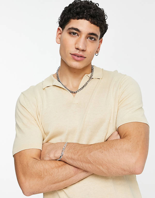 ASOS DESIGN - midweight knitted notch neck polo shirt in oatmeal