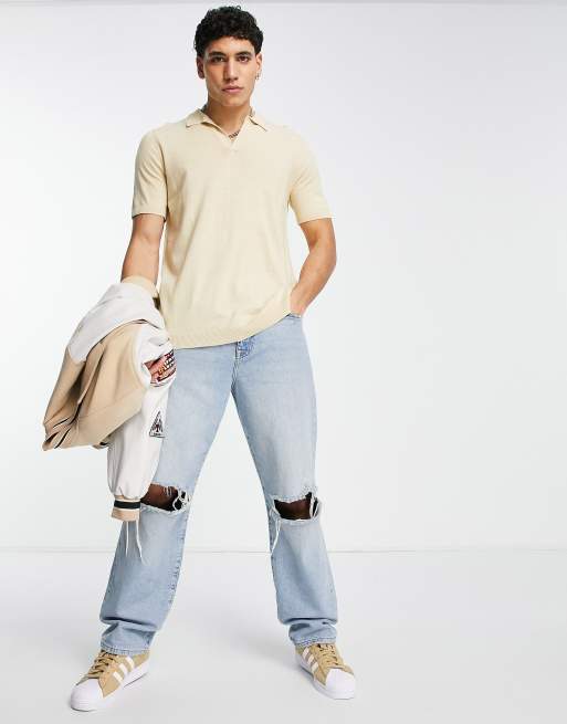 ASOS DESIGN midweight knitted notch neck polo shirt in oatmeal, 2 of 4