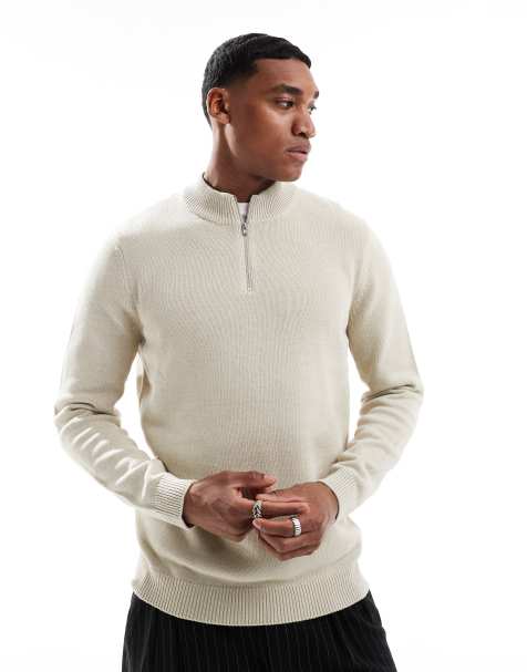 ASOS DESIGN midweight knitted quarter zip jumper in oatmeal - view 1