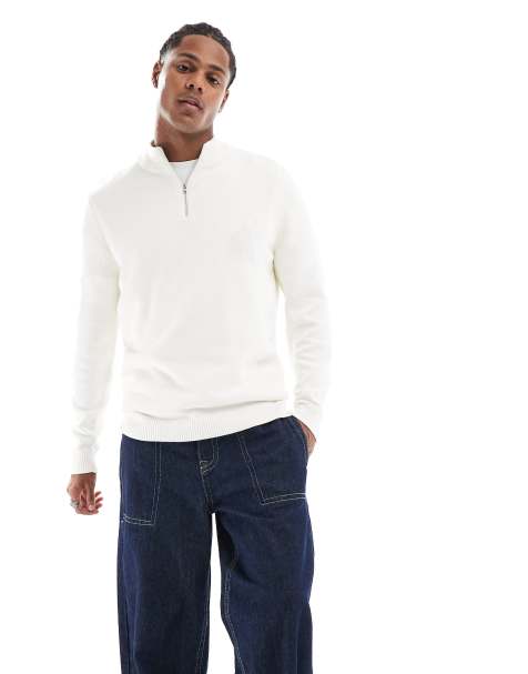 ASOS DESIGN midweight knitted quarter zip jumper in white - view 1