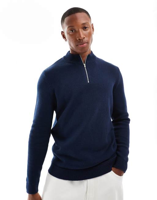 ASOS DESIGN midweight knitted quarter zip neck jumper in navy