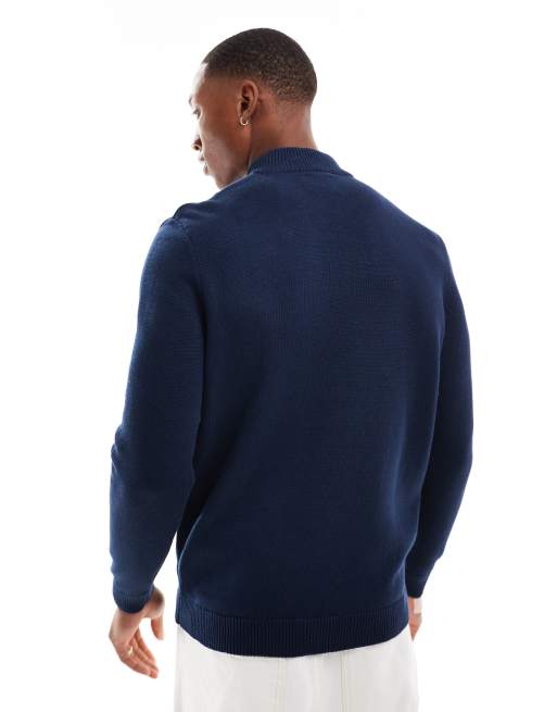 ASOS DESIGN midweight knitted quarter zip neck jumper in navy