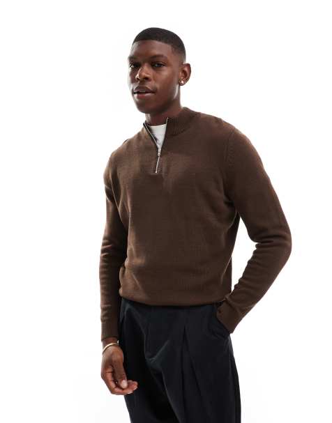 ASOS DESIGN midweight knitted quarter zip sweater in brown - view 1