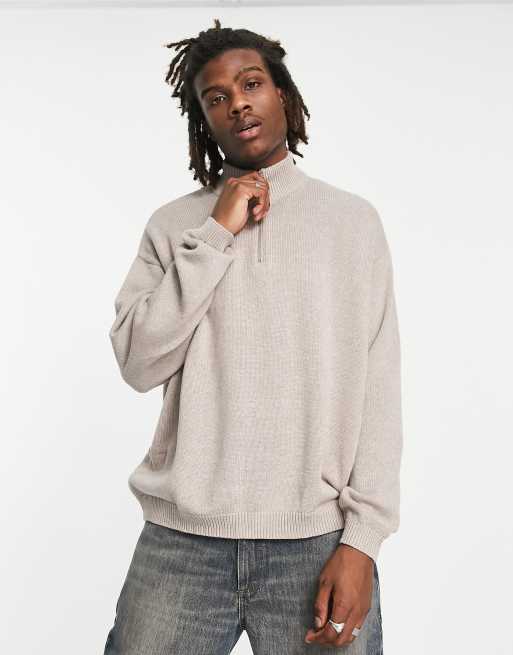 Asos Design Midweight Oversized Half Zip Sweater In Stone Asos