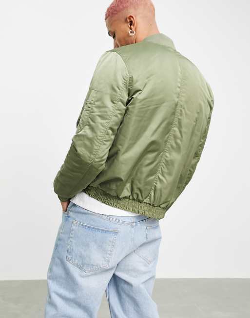 ASOS DESIGN midweight padded bomber jacket in khaki with orange lining