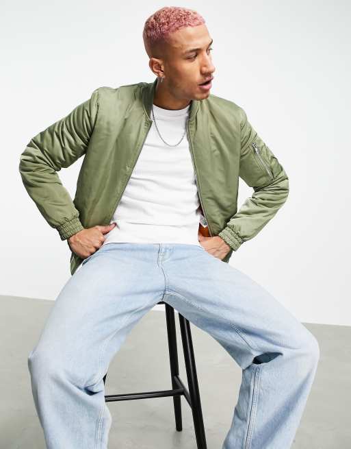 ASOS DESIGN midweight padded bomber jacket in khaki with orange