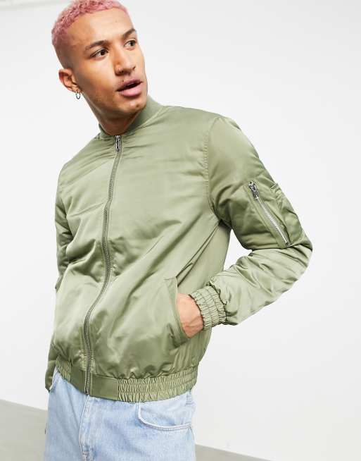 Green bomber jacket with orange clearance inside