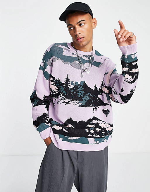 ASOS DESIGN midweight sweater with landscape jacquard in lilac