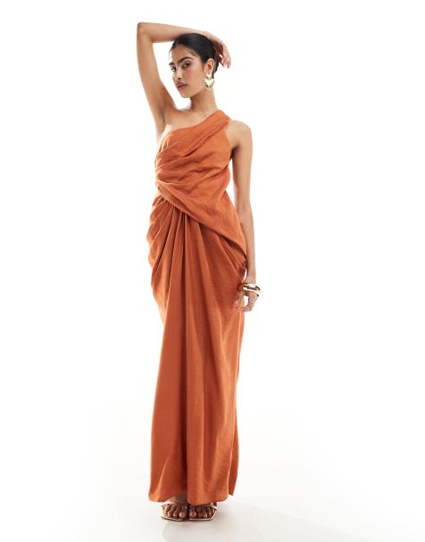 ASOS DESIGN – Miedziana drapowana sukienka maxi na jedno ramię z pełną spódnicą - view 1
