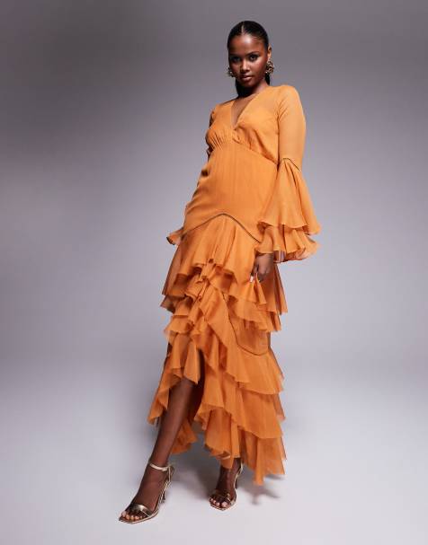 ASOS DESIGN plunge ruffle tiered maxi dress with lace inserts in rust 