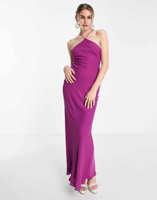 ASOS DESIGN – Miękka sukienka maxi ze skosu w kolorze magenta z dekoltem halter