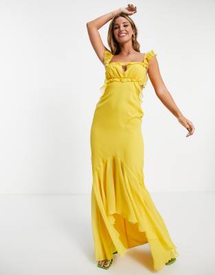 ASOS DESIGN – Miękka żółta sukienka maxi z falbanką