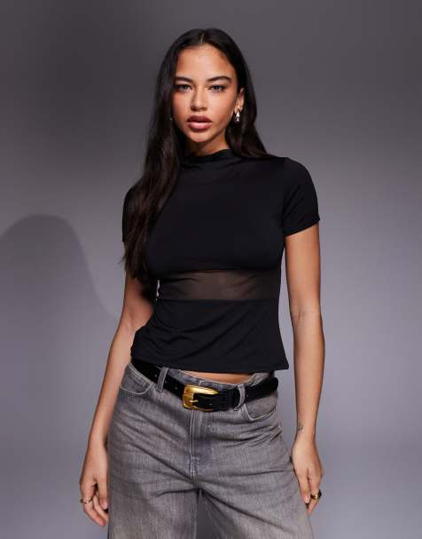 ASOS DESIGN – Miękki dżersejowy top w czarnym kolorze z siateczkową wstawką w talii - view 1