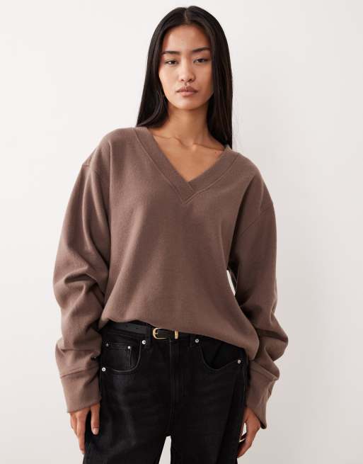 ASOS DESIGN – Miękki sweter z dekoltem w kształcie litery V i marszczonymi rękawami w kolorze mokki 