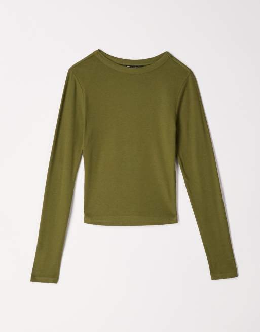 ASOS DESIGN – Miękki T-shirt o krótkim fasonie z długimi rękawami, w kolorze khaki