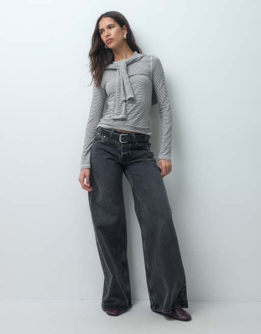 ASOS DESIGN miękki top z długim rękawem i okrągłym dekoltem w paski khaki, 2 z 4