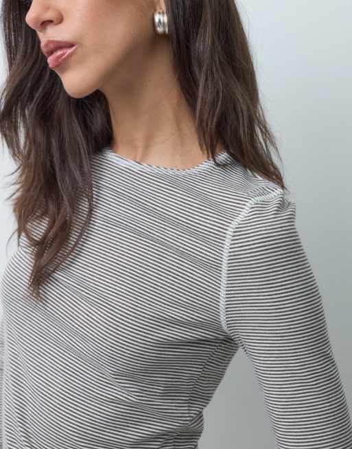 ASOS DESIGN miękki top z długim rękawem i okrągłym dekoltem w paski khaki, 3 z 4
