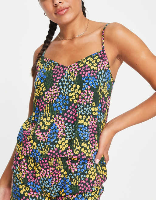 ASOS DESIGN – Mieszaj i łącz – Czarna koszulka od piżamy na ramiączkach z modalu w drobne kwiaty