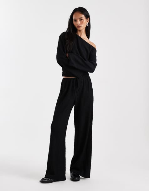 ASOS DESIGN – Mieszaj i łącz – Czarne wiązane w talii fakturowane spodnie z szerokimi nogawkami - view 1